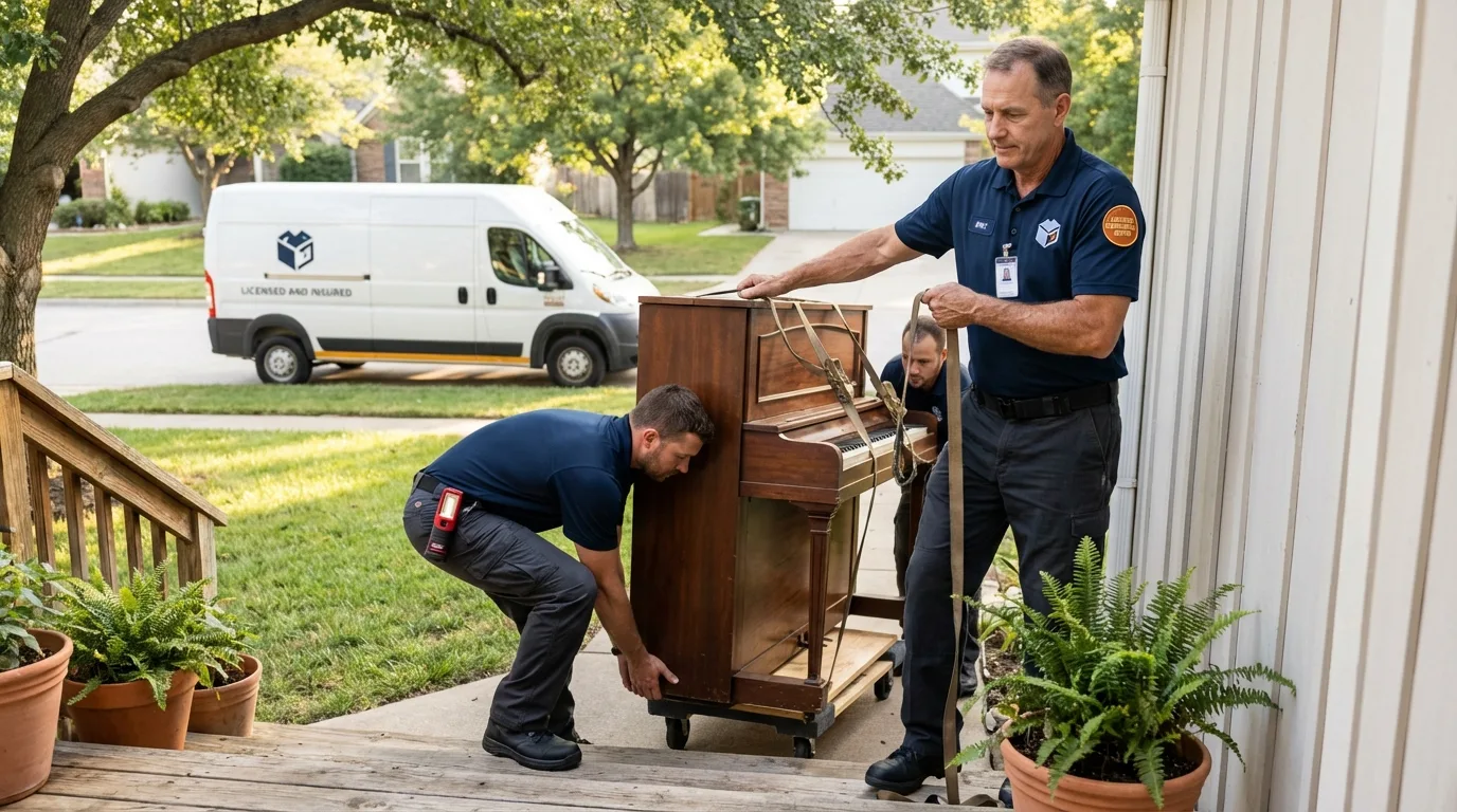 Licensed piano movers securing grand piano in Avon, CO