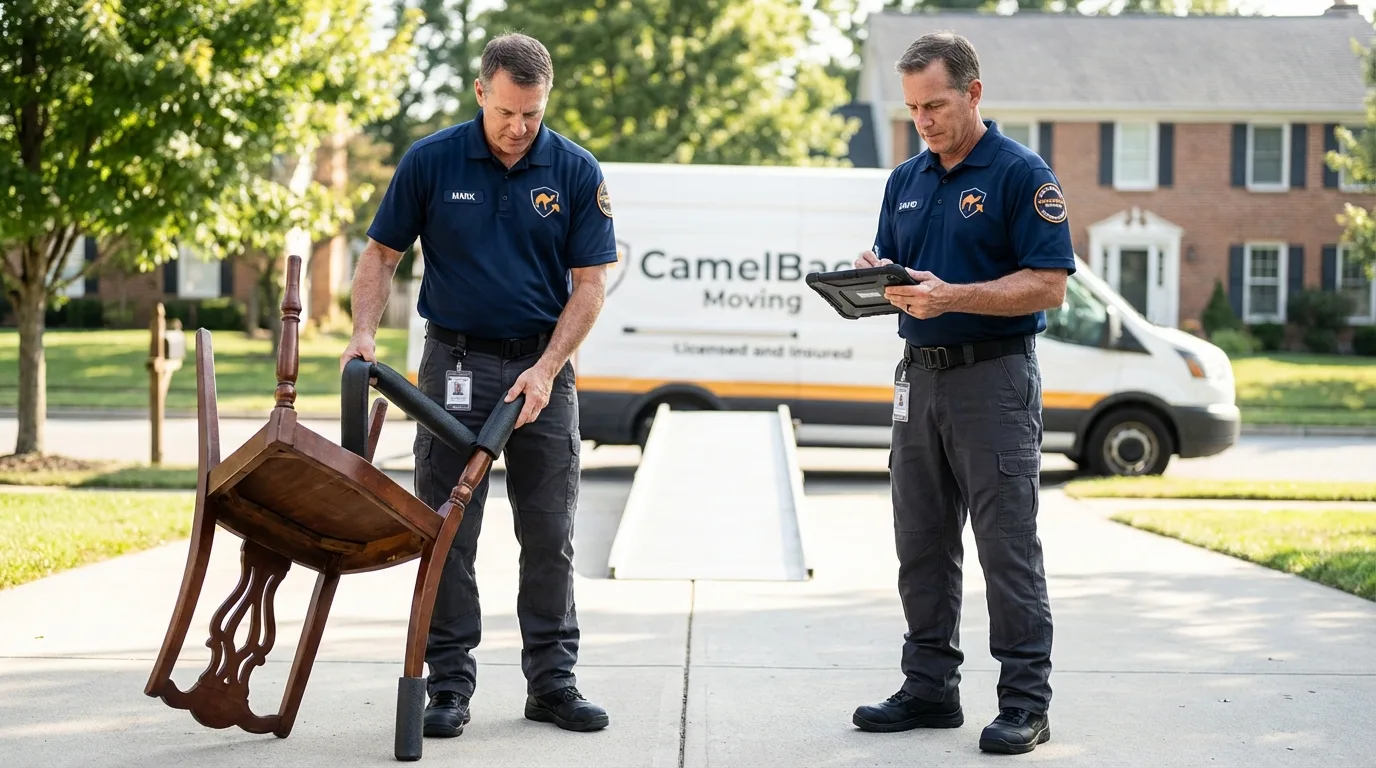 Movers inspecting furniture for damage prevention before loading in Avon, CO